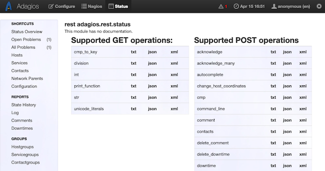 Adagios page documenting the Status REST API Adagios page documenting the Status REST API