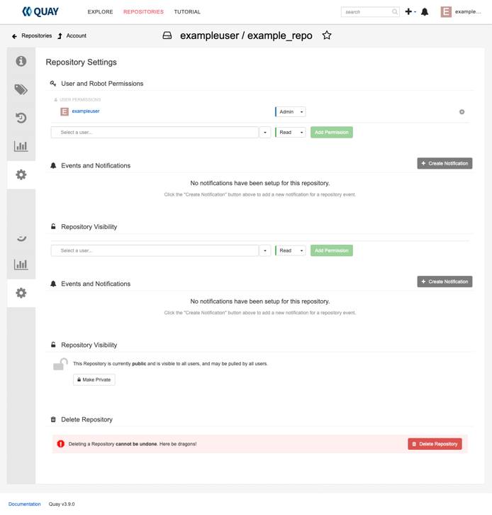 The Project Quay repository settings screen The Project Quay repository settings screen