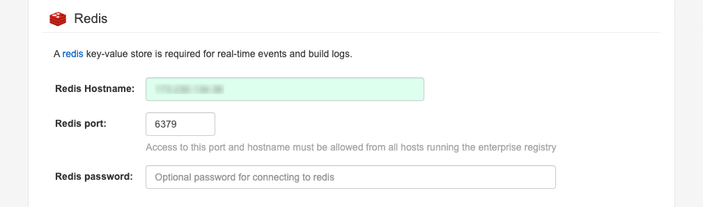 The Redis section of the Project Quay setup screen. The Redis section of the Project Quay setup screen.