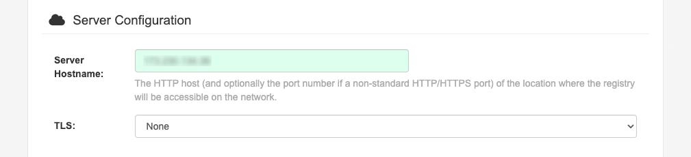 The Server Configuration section of the Project Quay setup screen. The Server Configuration section of the Project Quay setup screen.