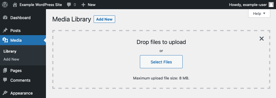 WordPresss Media Library, showing the maximum file size for uploads WordPresss Media Library, showing the maximum file size for uploads