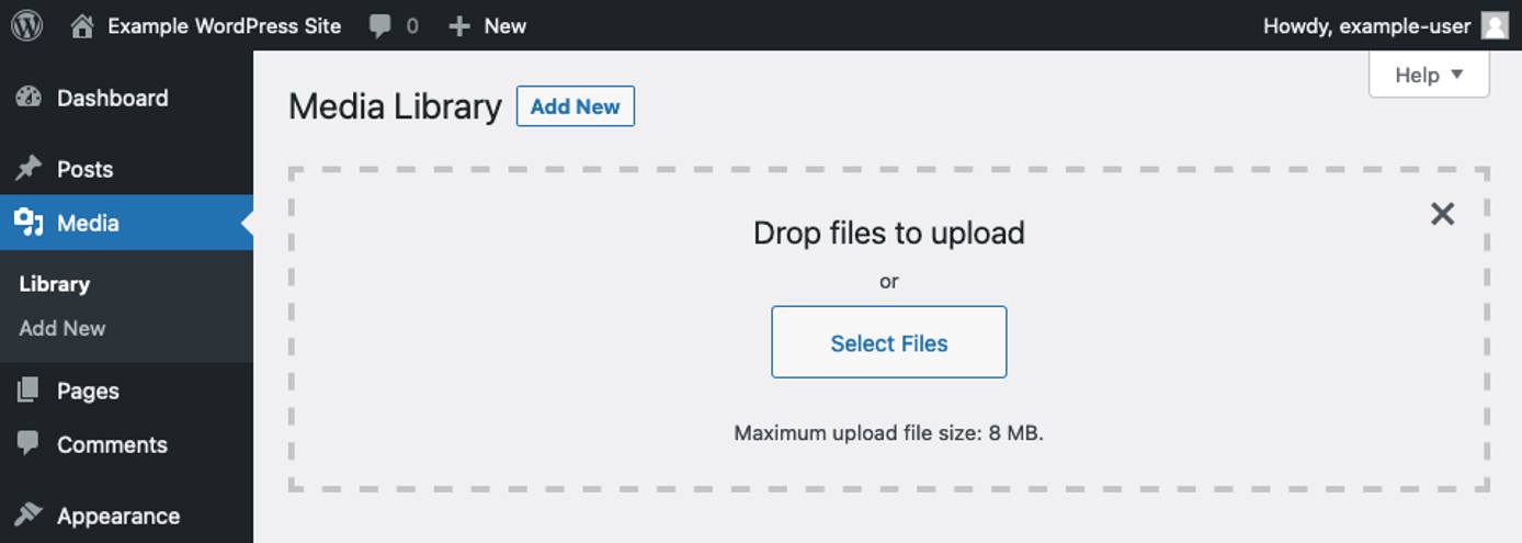WordPresss Media Library, showing the maximum file size for uploads WordPresss Media Library, showing the maximum file size for uploads