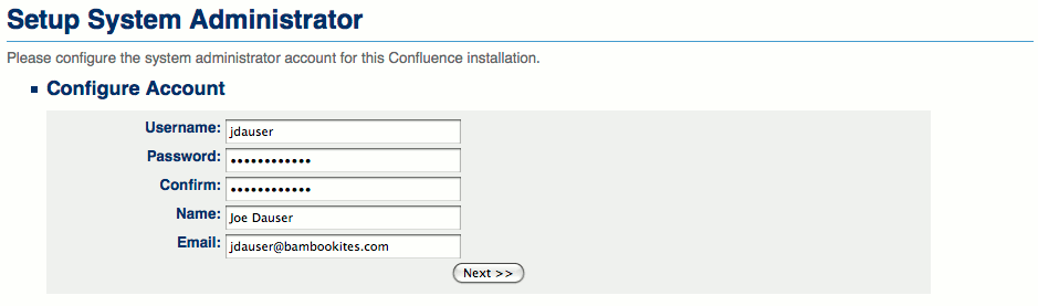 Confluence administrative user details entry. Confluence administrative user details entry.