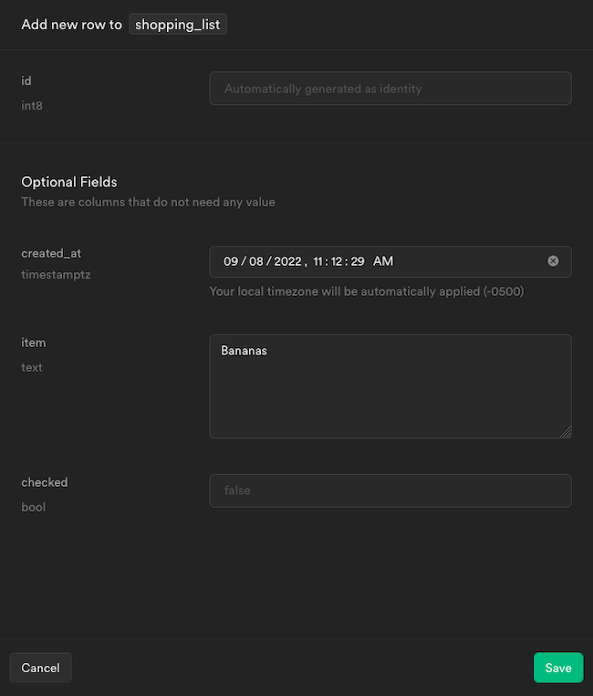 The Supabase form for inserting a new row The Supabase form for inserting a new row