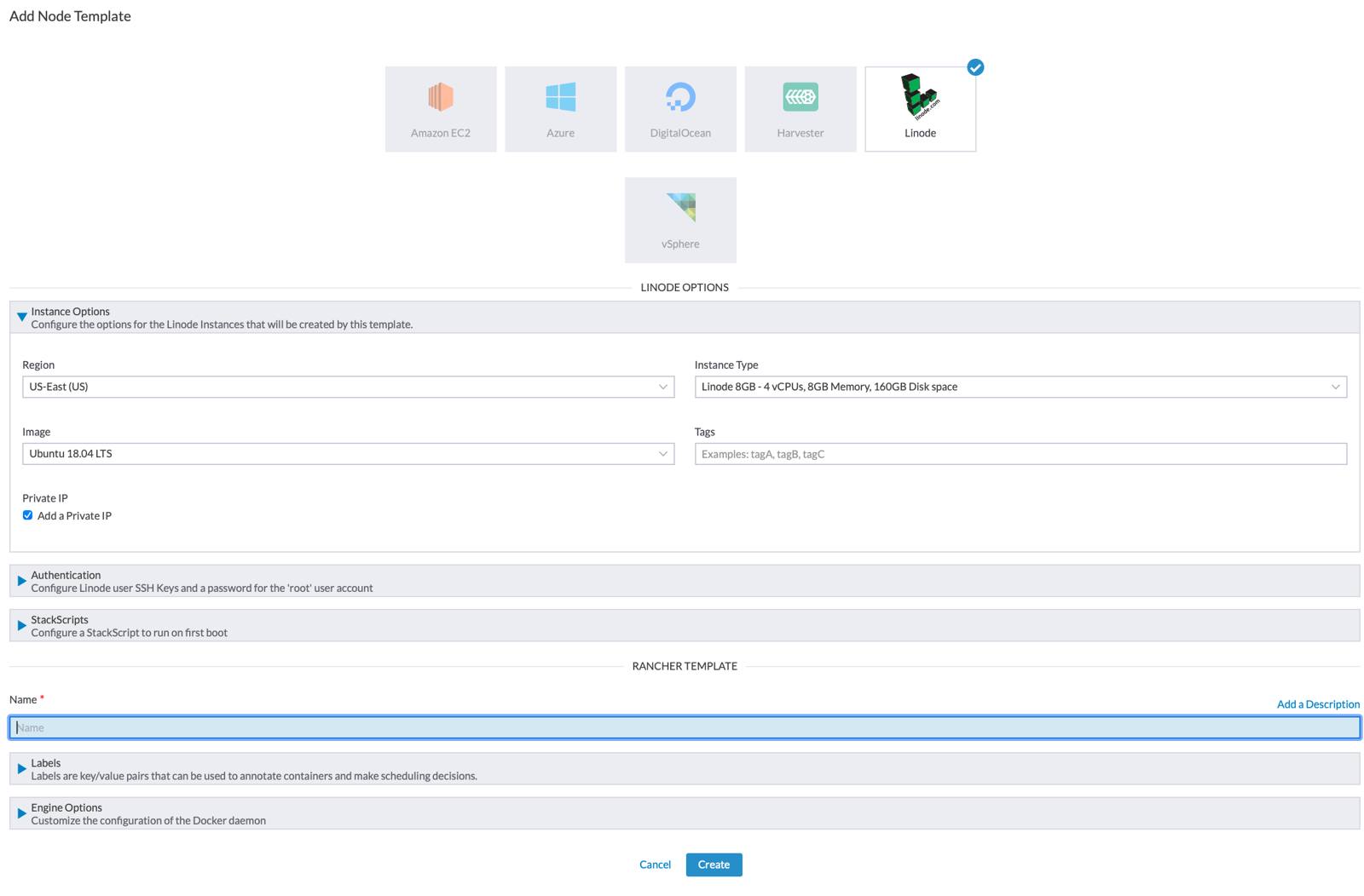 The Linode options in the Add Node Template form Rancher Add Node Template form - Linode options