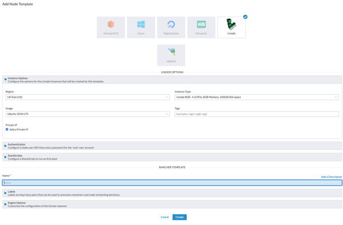 The Linode options in the Add Node Template form Rancher Add Node Template form - Linode options