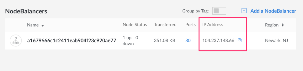 Find the IP address of the NodeBalancer in Cloud Manager Find the IP address of the NodeBalancer in Cloud Manager