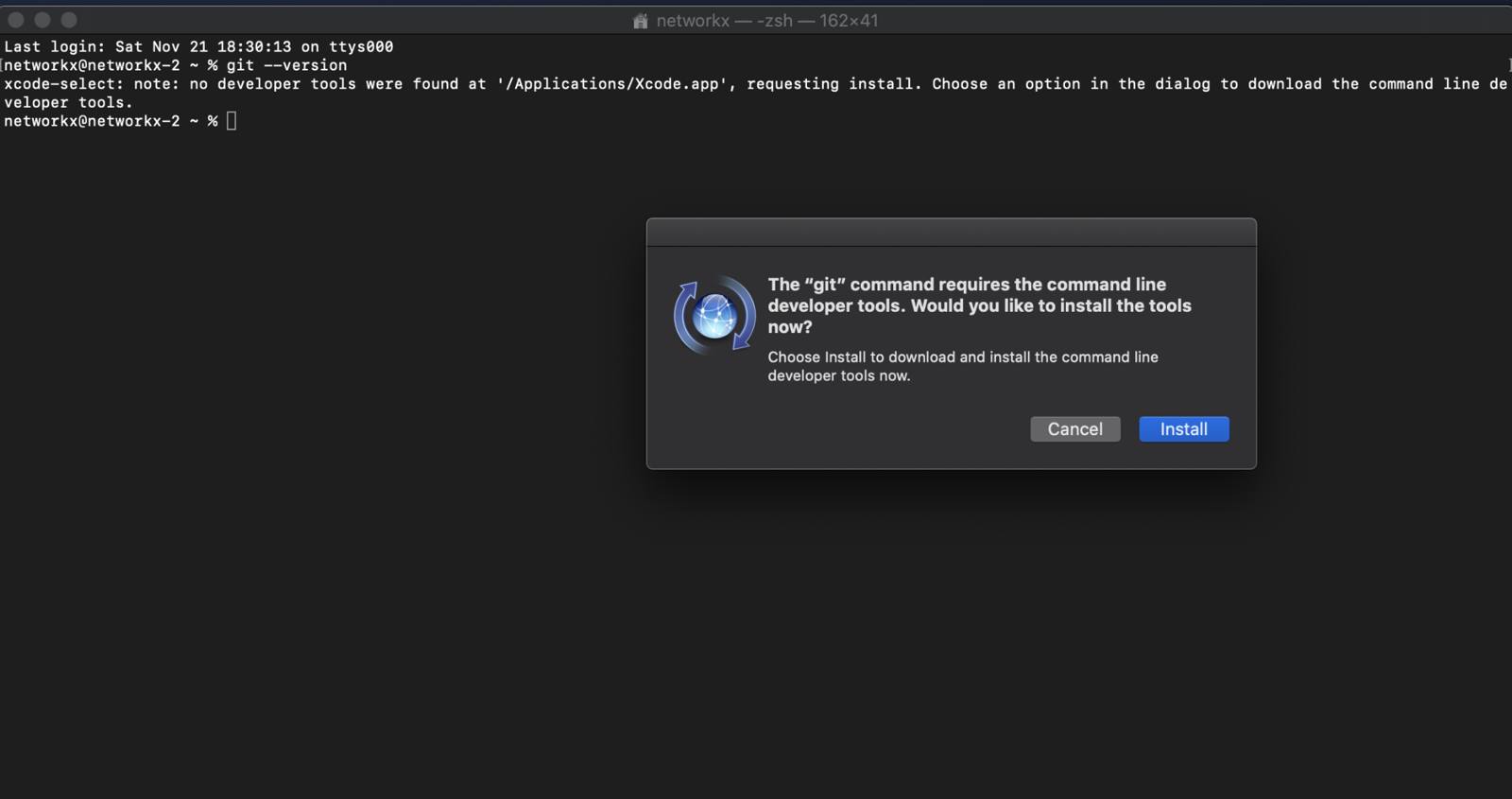 The git command requires the command line developer tools. The git command requires the command line developer tools.