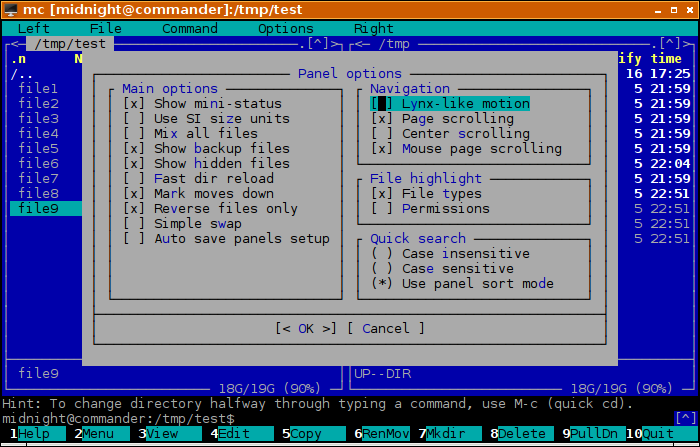 Midnight Commander Panel Options Midnight Commander Panel Options