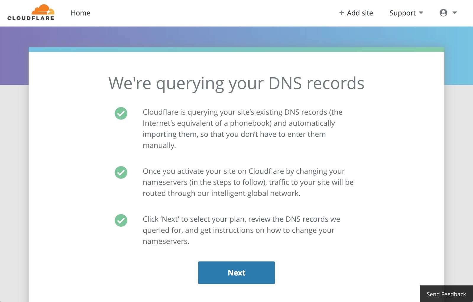 Cloudflare setup - DNS record scan dialog Cloudflare setup - DNS record scan dialog