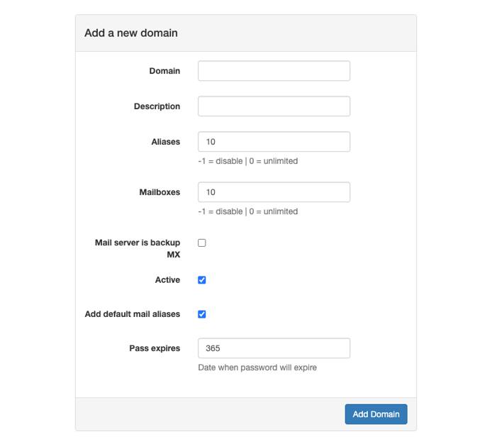 The PostFixAdmin ne domain creation page. The PostFixAdmin ne domain creation page.