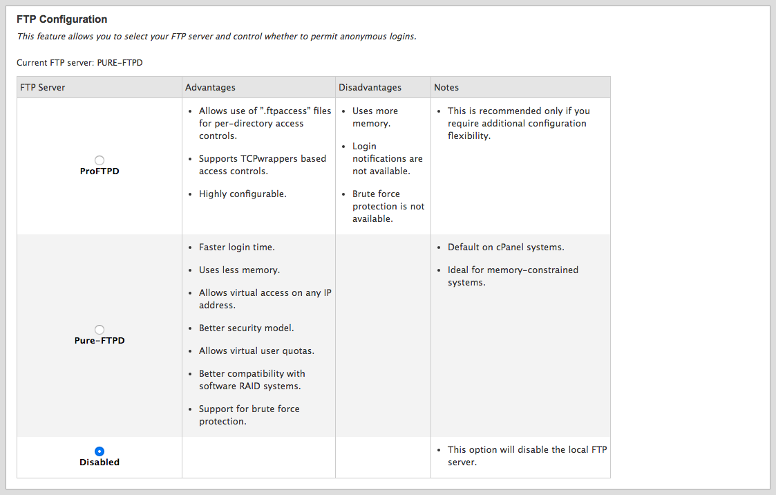 cPanel FTP server selection. cPanel FTP server selection.