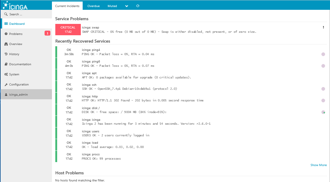Icinga Dashboard and Current Incidents Icinga Dashboard and Current Incidents