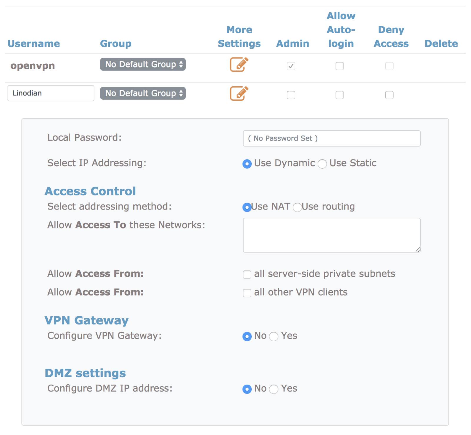 OpenVPN Admin User Settings. OpenVPN Admin User Settings.