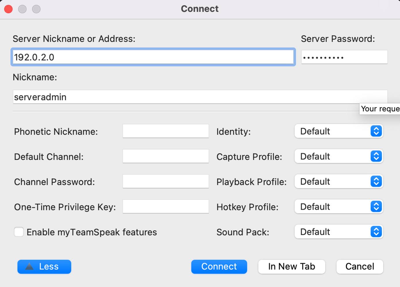 The connect dialog box The connect dialog box