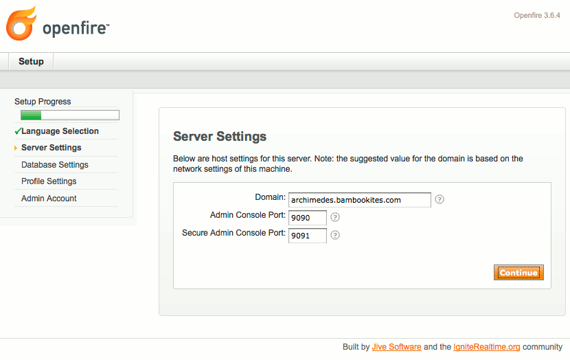 Domain and admin ports selection in Openfire setup on Ubuntu 9.10 (Karmic). Domain and admin ports selection in Openfire setup on Ubuntu 9.10 (Karmic).