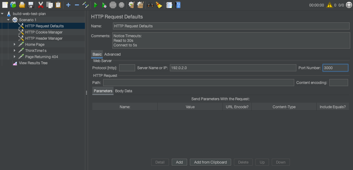 Adjusting the HTTP request defaults for a JMeter test plan. Adjusting the HTTP request defaults for a JMeter test plan.