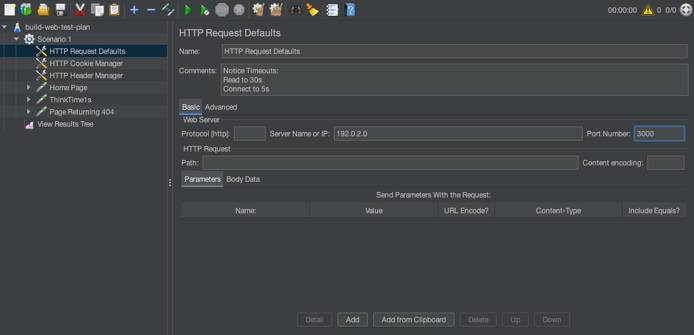 Adjusting the HTTP request defaults for a JMeter test plan. Adjusting the HTTP request defaults for a JMeter test plan.