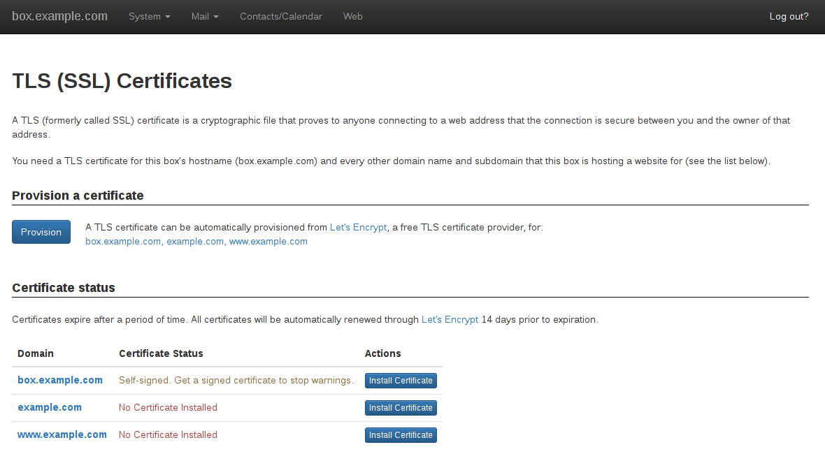 Control Panel - TLS Certificates Page Control Panel - TLS Certificates Page