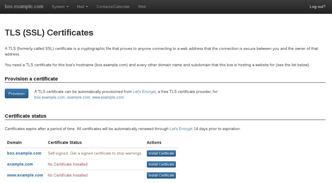 Control Panel - TLS Certificates Page Control Panel - TLS Certificates Page