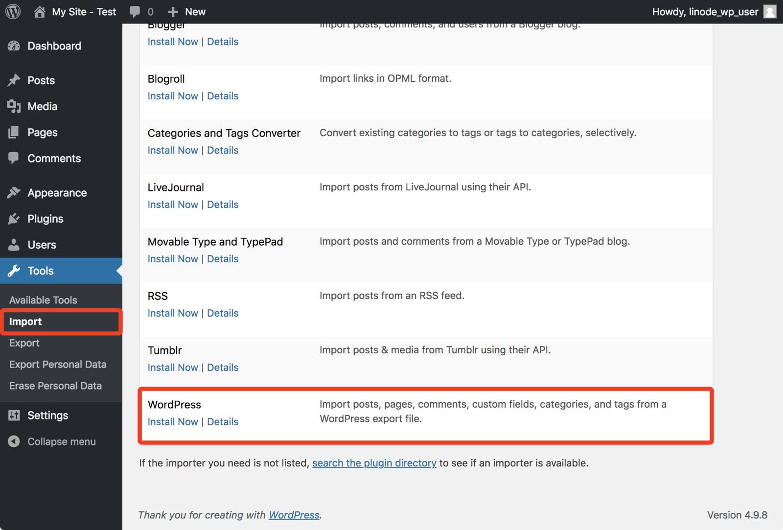 WordPress Importer plugin. WordPress Tools Page