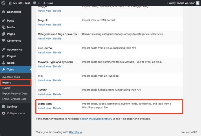 WordPress Importer plugin. WordPress Tools Page