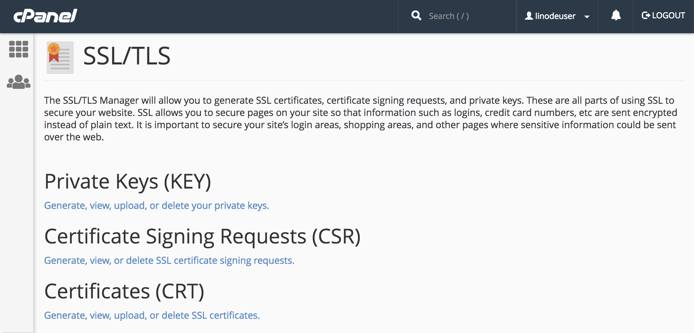 cPanel SSL/TLS page. cPanel SSL/TLS Page