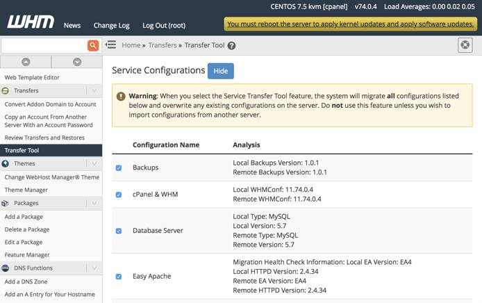 WHM Transfer Tool - Service Configurations form. WHM Transfer Tool Service Configurations Form