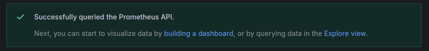 Grafana test result confirming successful connection to a Prometheus data source. Grafana test result confirming successful connection to a Prometheus data source.