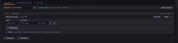 Grafana panel editor with the Code tab selected for entering a PromQL query. Grafana panel editor with the Code tab selected for entering a PromQL query.