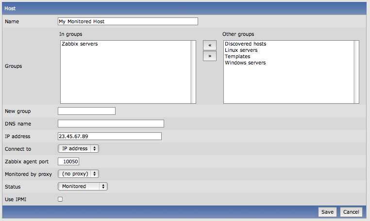 Zabbix add host screen. Zabbix add host screen.