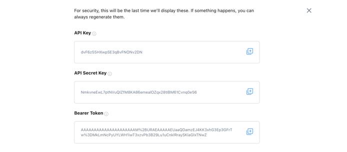 Twitter developer portal: API Key, API Secret Key, and Bearer Token dialog for new project and app Twitter developer portal: API Key, API Secret Key, and Bearer Token dialog for new project and app