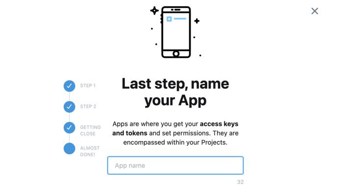 Twitter developer portal: create new project form with new app name text field highlighted Twitter developer portal: create new project form with new app name text field highlighted