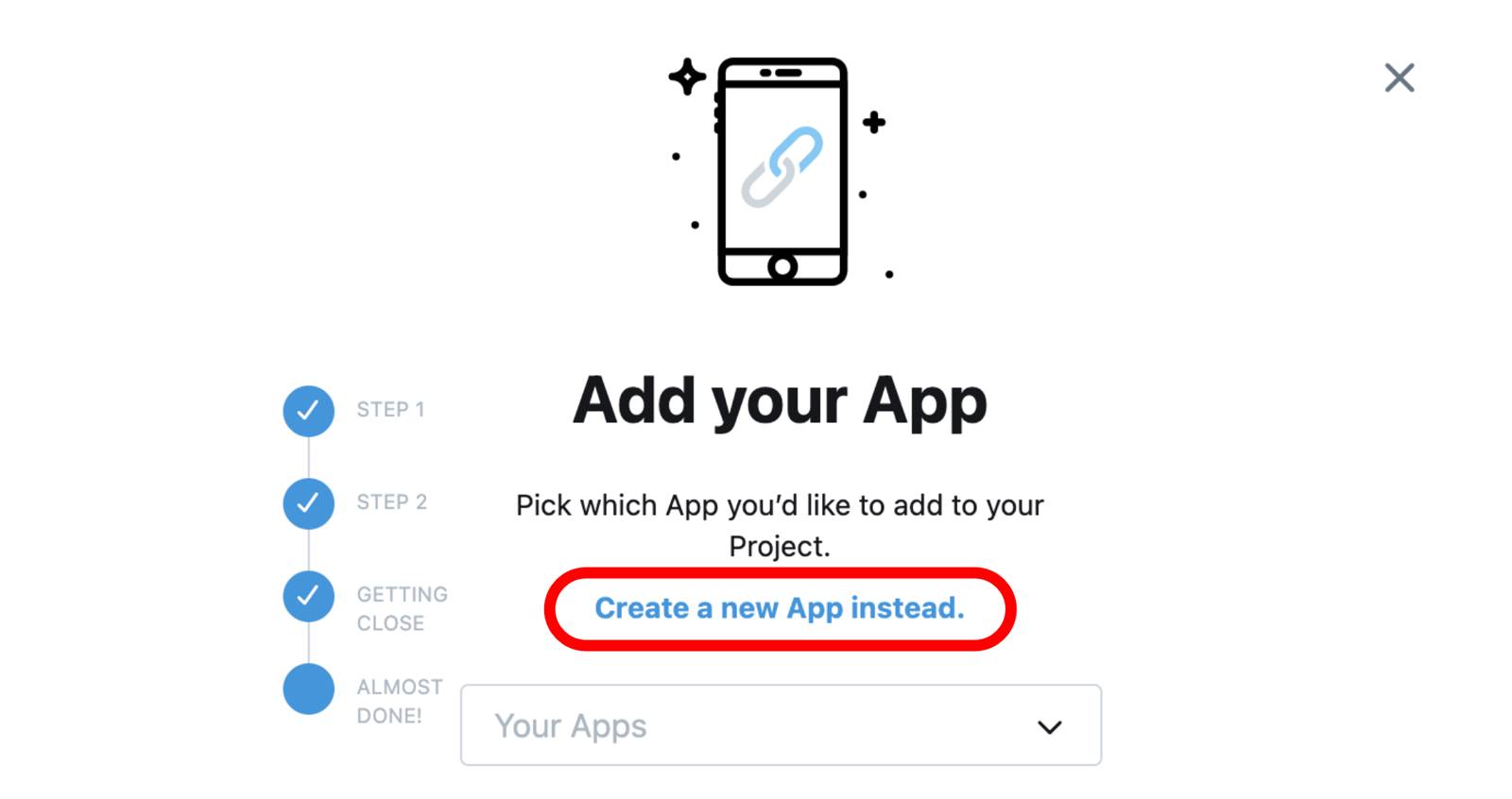 Twitter developer portal: create new project form with choose app dropdown menu highlighted Twitter developer portal: create new project form with choose app dropdown menu highlighted