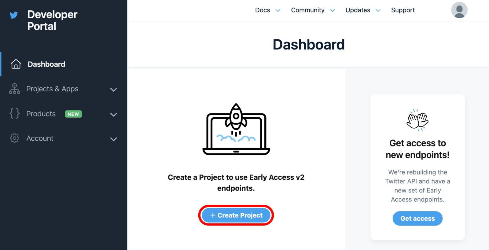 Twitter developer portal with Create Project button highlighted Twitter developer portal with Create Project button highlighted