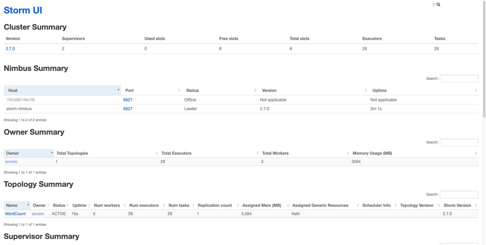 The Storm UI showing the WordCount topology as active. The Storm UI showing the WordCount topology as active.