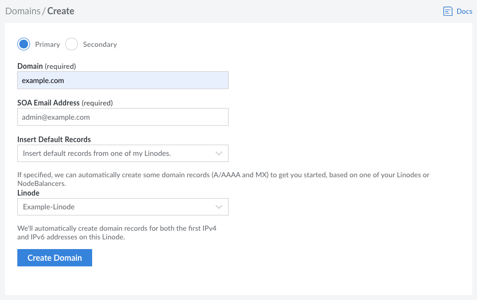Screenshot of the domain creation page in Cloud Manager Screenshot of the domain creation page in Cloud Manager