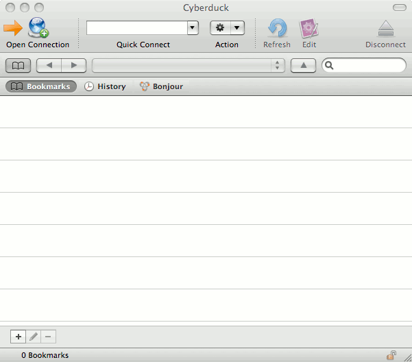 Cyberduck main program window on Mac OS X. Cyberduck main program window on Mac OS X.