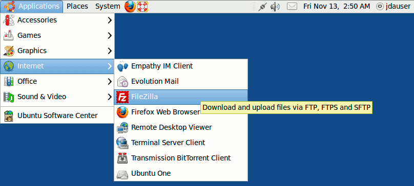 Menu entry for Filezilla on Ubuntu 9.10 desktop edition. Menu entry for Filezilla on Ubuntu 9.10 desktop edition.