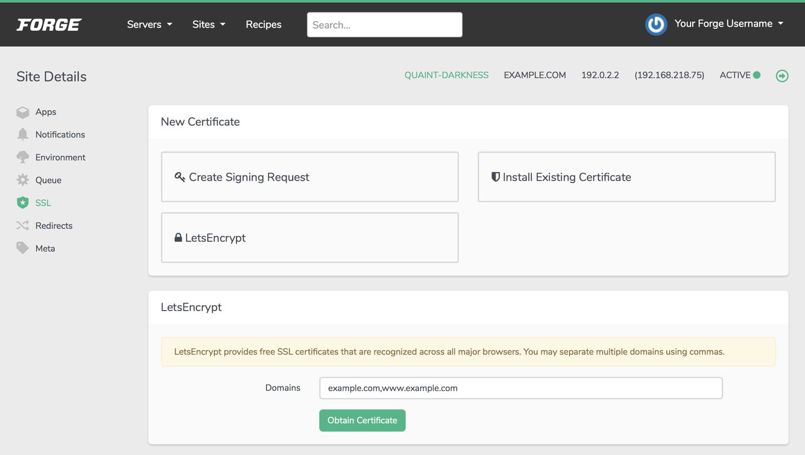 The form for adding Let's Encrypt to your site Lets Encrypt Form