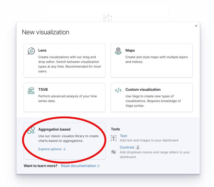Kibana 7 New Visualization Prompt with Select Aggregation Based Button Highlighted Kibana 7 New Visualization Prompt with Select Aggregation Based Button Highlighted