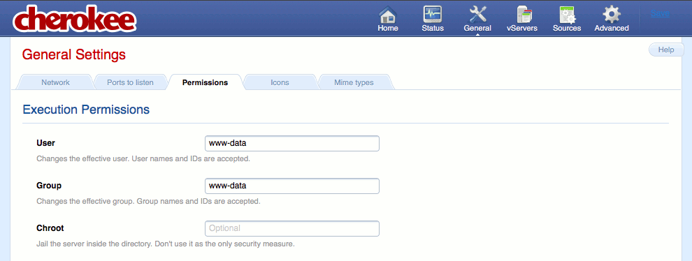 Permissions tab on the general page of the Cherokee admin panel on Fedora 13. Permissions tab on the general page of the Cherokee admin panel on Fedora 13.