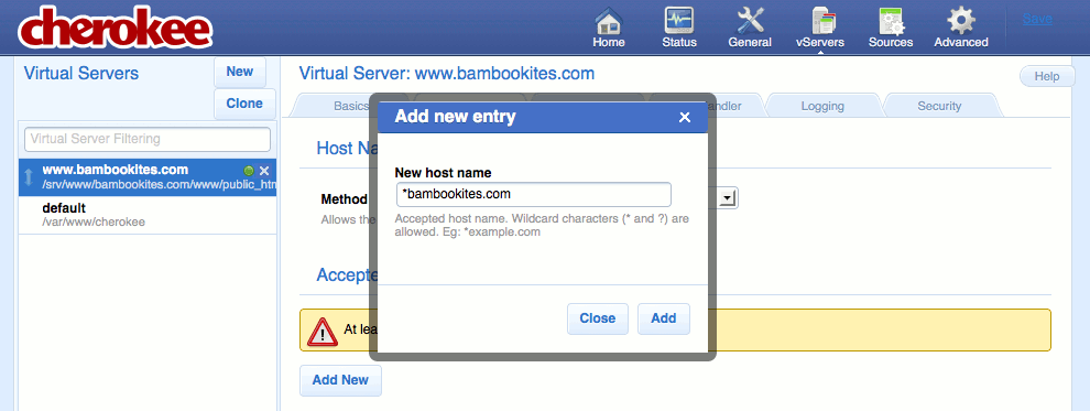 Specifying which host patterns should match inbound requests on the vServers page of the Cherokee admin panel on Fedora 13. Specifying which host patterns should match inbound requests on the vServers page of the Cherokee admin panel on Fedora 13.