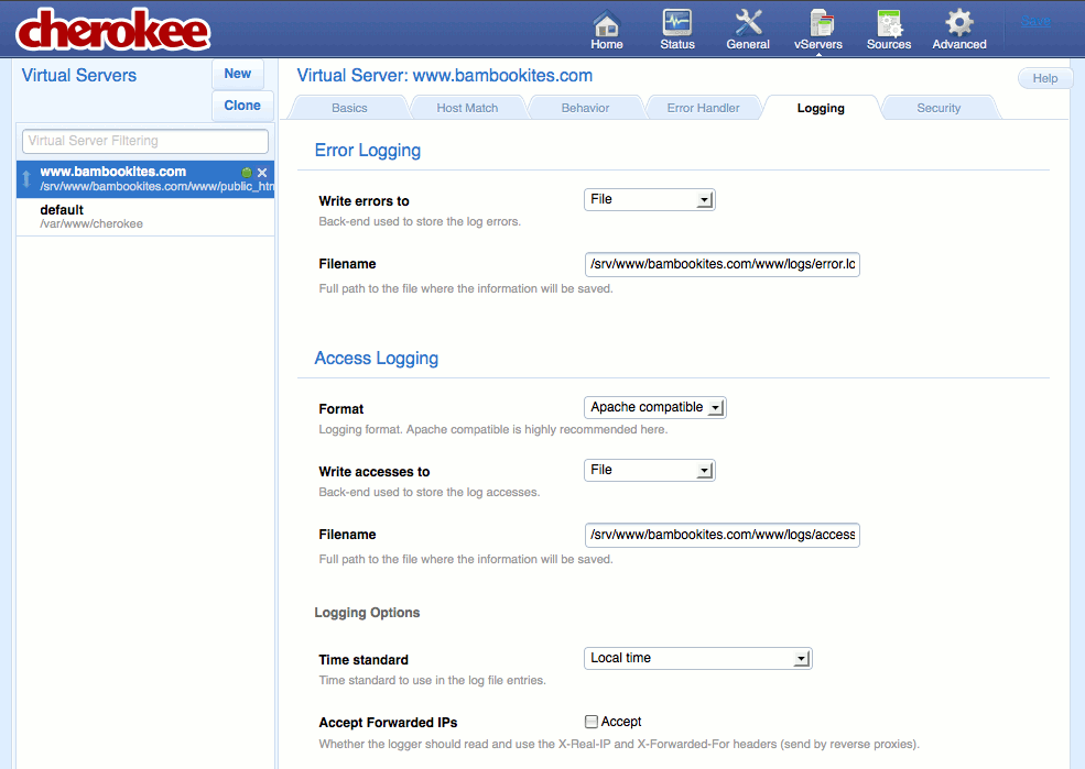 Specifying logging settings on the Logging tab of the vServers page of the Cherokee admin panel on Fedora 13. Specifying logging settings on the Logging tab of the vServers page of the Cherokee admin panel on Fedora 13.