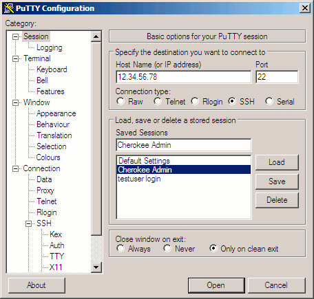 Saving an SSH session for Cherokee administration in PuTTY. Saving an SSH session for Cherokee administration in PuTTY.