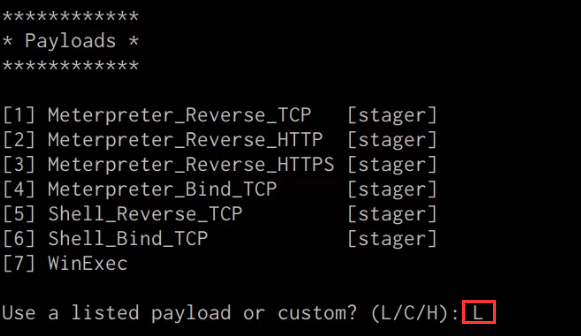 Shellter payload selection menu Shellter payload selection menu