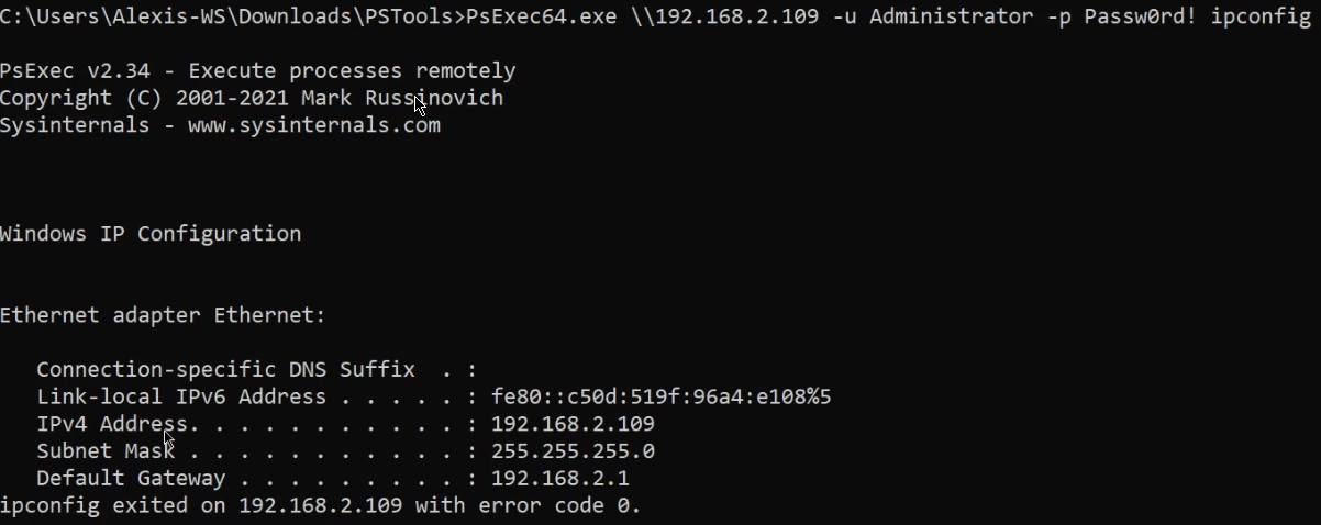 PsExec - execute ipconfig command on target PsExec - execute ipconfig command on target