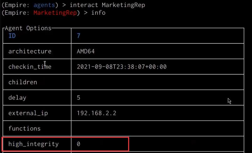 Empire client info command output Empire client info command output