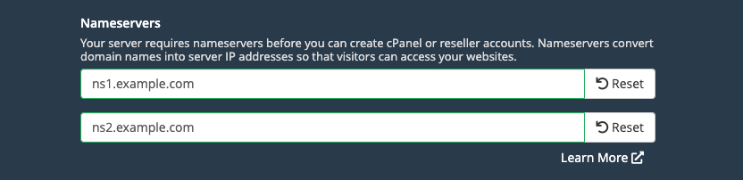 Screenshot of the Nameserver fields in cPanel Screenshot of the Nameserver fields in cPanel