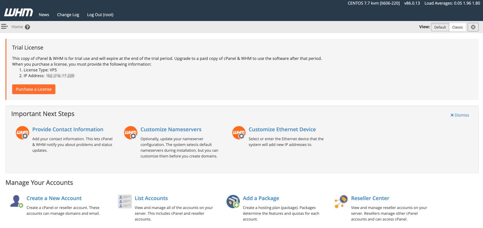 cPanel home page cPanel home page